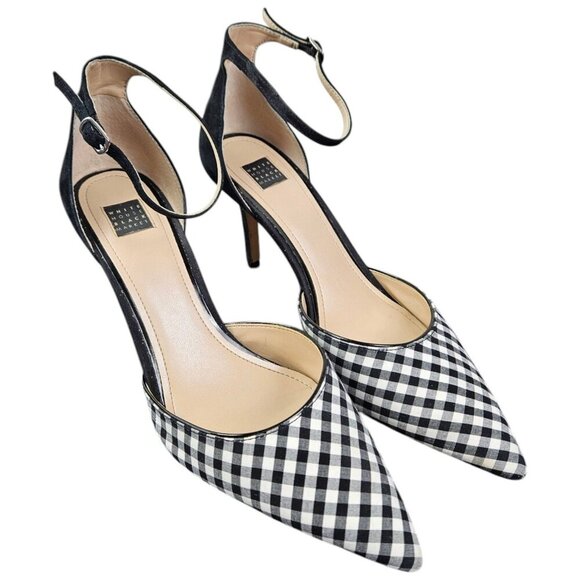 White‎ House Black Market Gianna Gingham Suede Heels Ankle Strap Buckle Size 9 - Picture 1 of 11